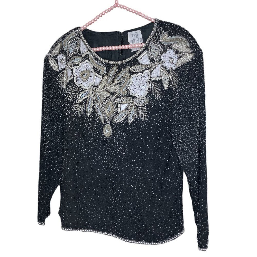 Vintage Together Women's Large L Black 100% Silk Embellished Beaded Top Blouse